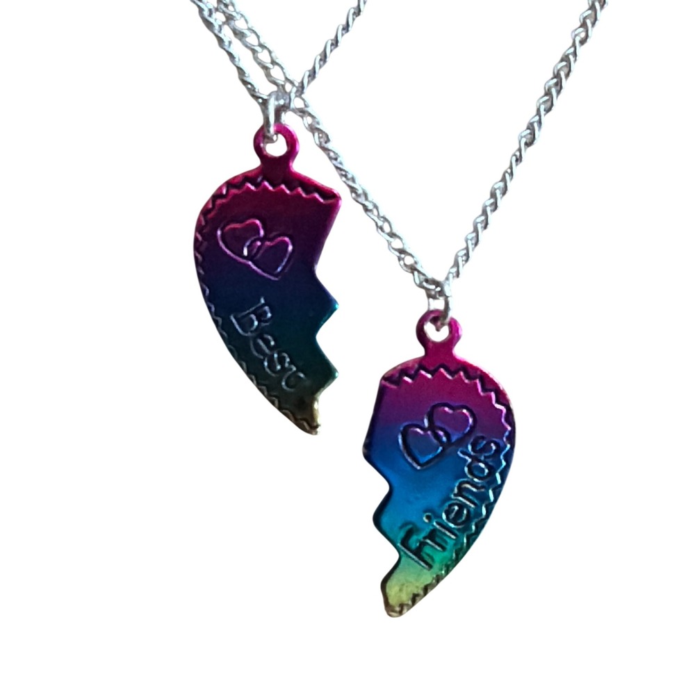 Best Friends Rainbow Ombre Split Heart Necklace Set 2pc Silver Tone